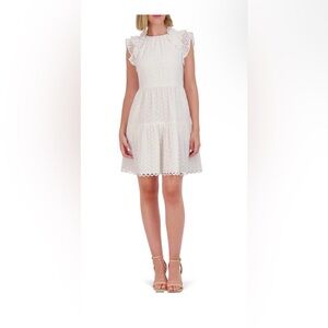 Vince Camuto White Eyelet Ruffled Tiered Sleeveless Mini Dress- Size 6